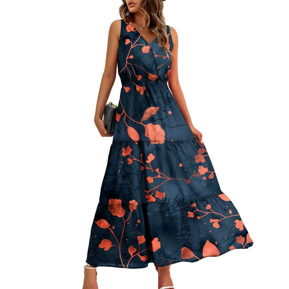 Summer Dresses for Women 2025 Casual Trendy,Womens Tiered Dresses Summer,Boho Floral Maxi Dresses for Women V Neck Sleeeless Tiered Casual Flowy Long Maxi Dress Pleated Mini Wedding Guest Dress