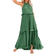 Summer Dresses for Women 2024,Long Summer Dresses for Women 2024 Sleeveless Maxi Dress Casual Flowy Ruffle Elegant Dress,Womens Plus Size Dresses,Summer Casual Dresses(Size:2XL)