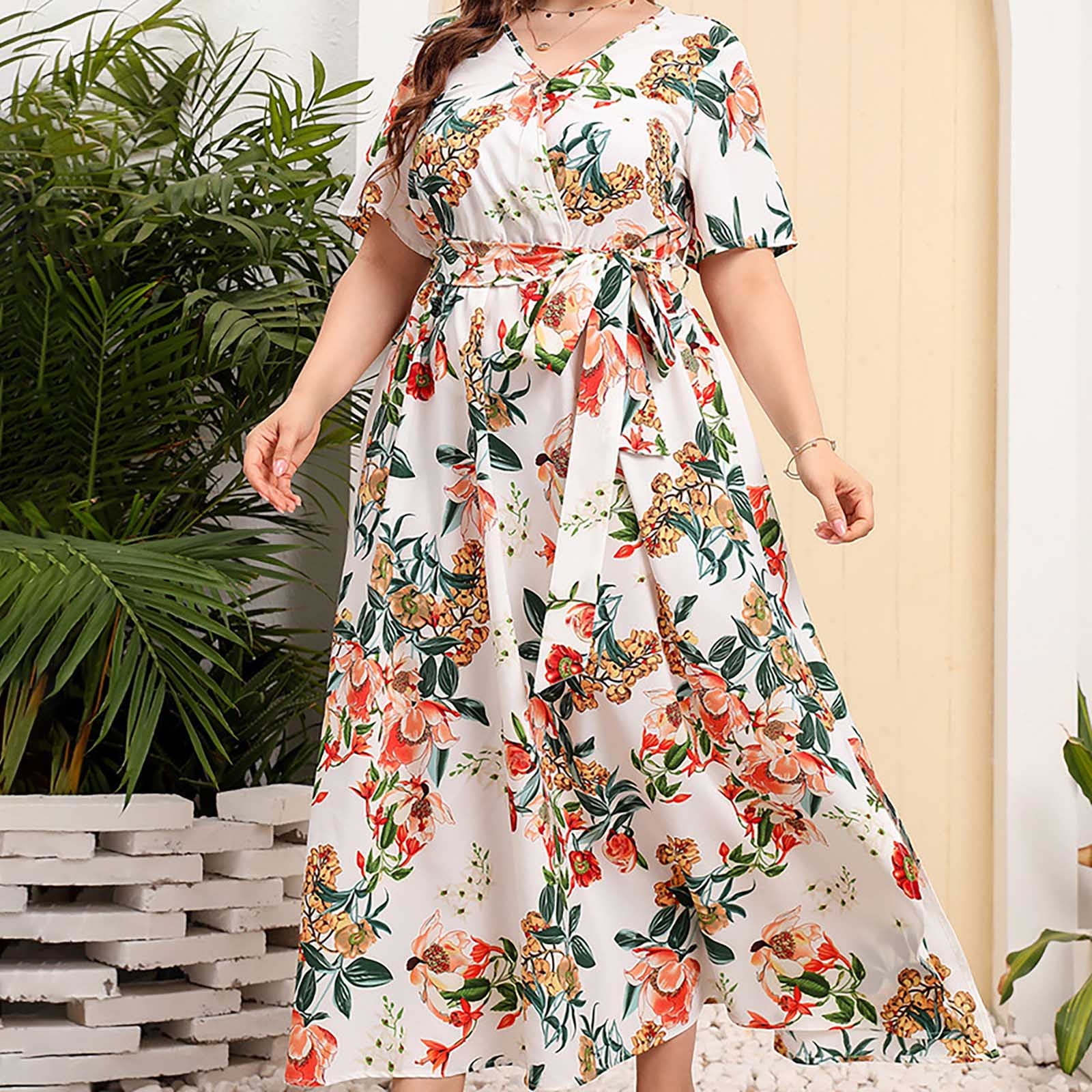 Summer Dresses for Women 2024 Plus Size Summer Casual Midi Clearance Spring  Dresses Women'S Summer Print Plus-Size Dress V-Neck Short Sleeve Elastic  Waist Dress Beach Dress Sun Dress Ruffled Flowy M -