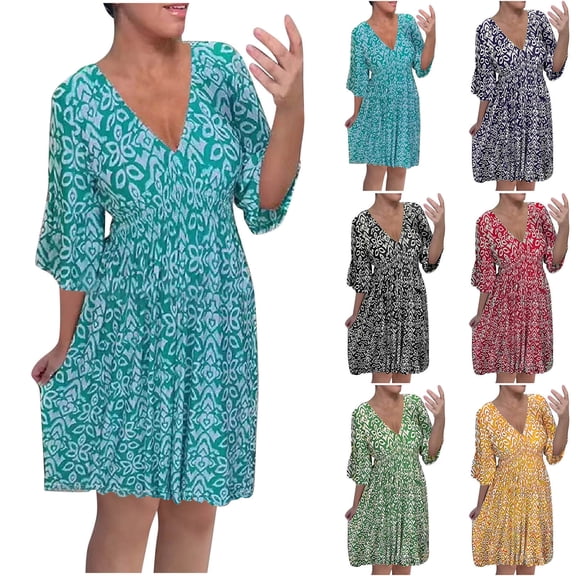 Summer Dresses for Women 2024 S-5XL Plus Size Dresses Floral Short Sleeve Sundress V Neck A-Line Midi Dress High Elastic Beach Resort Dress Yellow qILAKOG Size XXL