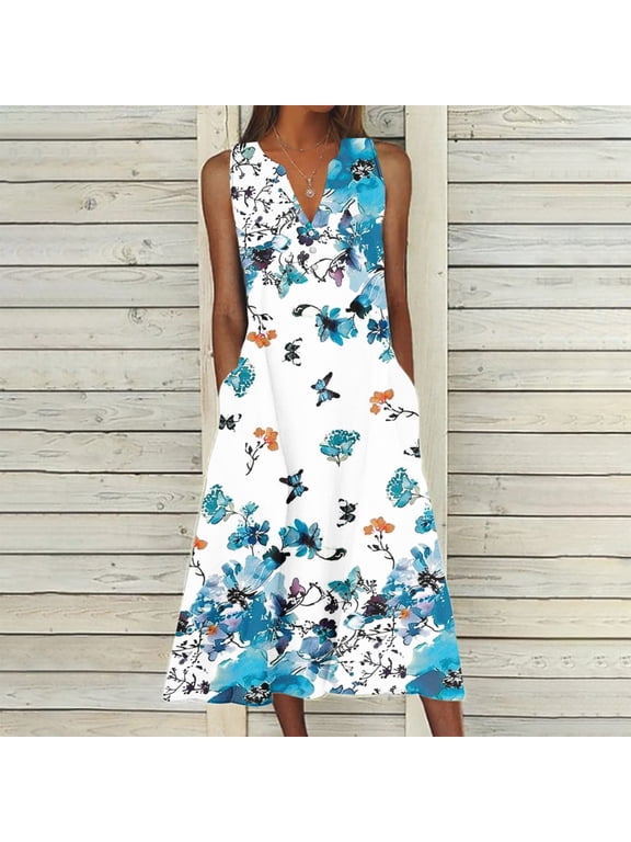 Summer Dresses for Women 2024 Sale Boho Plus Size Dresses Women's Floral Print Party V-Neck Maxi Dress Wedding Guest Dresses Elegant Ethnic Sundresses Blue a qILAKOG Size S