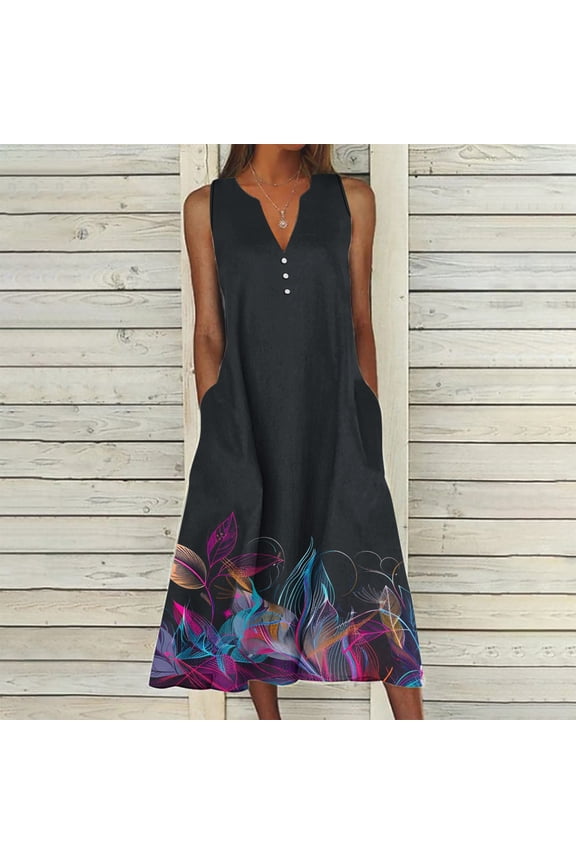 Summer Dresses for Women 2024 Sale Women's Boho Floral Print Plus Size Dresses Party V-Neck Maxi Dress Wedding Guest Dresses Elegant Ethnic Sundresses Black qILAKOG Size XL