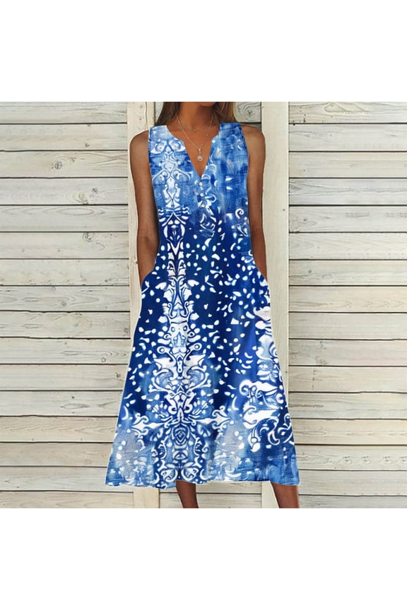 Summer Dresses for Women 2024 Sale Women's Boho Floral Print Plus Size Dresses Party V-Neck Maxi Dress Wedding Guest Dresses Elegant Ethnic Sundresses Blue qILAKOG Size S
