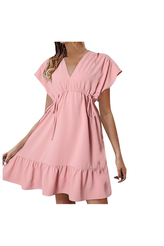 Summer Dresses for Women 2024 Solid Color Casual A-Line Formal Dresses for Women Daily Loose Fit V-Neck Ruched Swing Hem Sleeveless High Waisted Elegant Dresses for Women 2024 with Drawstring
