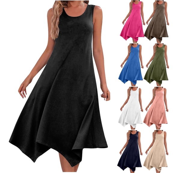 Summer Dresses for Women 2024 Solid Floral Ruffle Hem Boho A-Line Dress Crew Neck Sleeveless Long Tank Sundress Flowy Maxi Dresses Khaki qILAKOG Size M