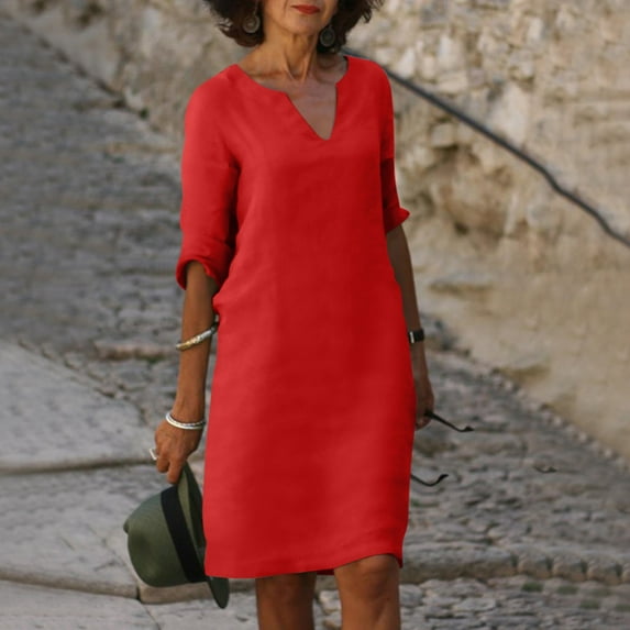 Summer Dresses for Women 2024 Summer Retro Solid Color Cotton Linen V-Neck Half Sleeve Dress Light Breathable Dress Dresses for Women 2024 Dresses for Women 2024 Casual Spring Red Cotton Linen L