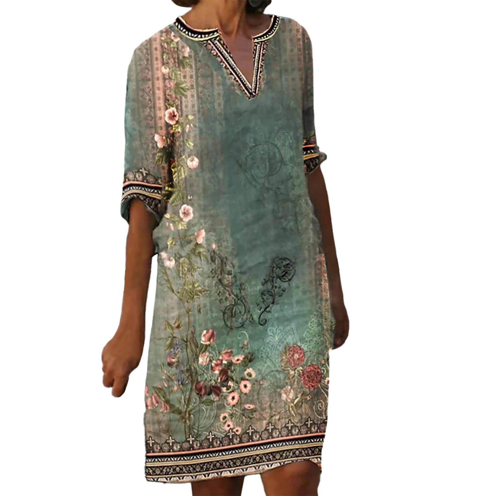 Summer Dresses for Women 2024 V Neck Tunic Top Dress Cotton Linen