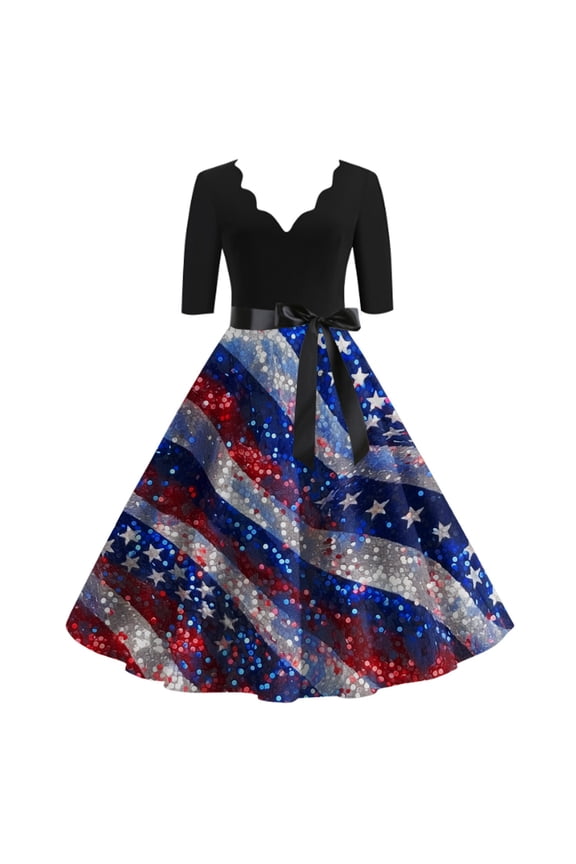 Summer Dresses For Women 2025, 4Th Of July 50S Prom Dress Casual V Neck Short Sleeve Tunic Cocktail Dresses Vintage Sun Wrap 2025 Teacher Graduation Short Dresses (XXL, Dark Blue) ZMTing