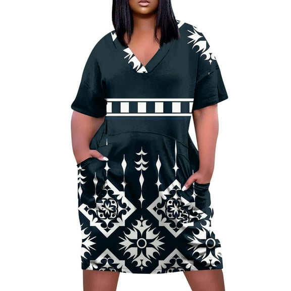 Summer Dresses For Women 2025, 4Th Of July Plus Size V Neck Casual Dress With Pockets Short Sleeve Sundress Wedding Guest Party Womens Midi Dress Gold Mother Dresses Maxi (XL, Dark Blue) ZMTing