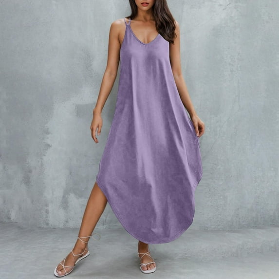 Summer Dresses for Women 2025 Casual Spaghetti Strap Sundress V Neck Boho Loose Casual Sun Dress Sleeveless Backless Split Tshirt Maxi Dresses with Pockets Saved for Later Returns Online Orders