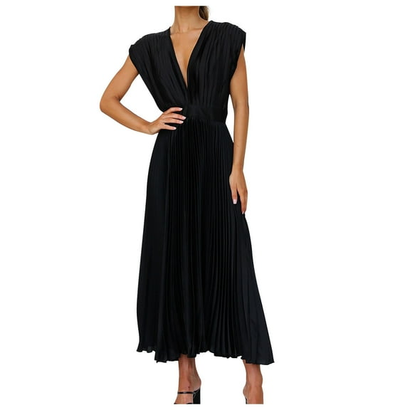Summer Dresses for Women 2025 New Summer Satin Sleeveless Pleated Midi Dresses for Women V Neck Backless Tie High Waist Flowy Cocktail Dress Lace Dress for Women New Black L
