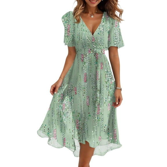 Summer Dresses For Women 2025, Elegant Casual V Neck Short Sleeve Tie Waist Floral Chiffon A Line Wedding Guest Easter 2025 Formal Cocktail Party Church Wrap Dress (XL, Mint Green) ZMTing