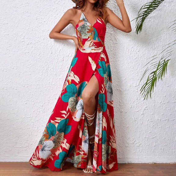 Summer Dresses for Women 2025 Flower Printed Casual Spaghetti Strap Side Slit Maxi Dress Summer A-Line Dressy Party Beach Vacation Sundress