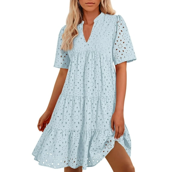 Summer Dresses for Women 2025 Henley Neck Tshirts Sundress Swing A-Line Mini Dress Elastic High Waist Sundress Lounge Dressy Dresses Eyelet Hollow-Out Dress Beach Holiday Sundress