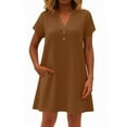 thumbnail image 1 of Summer Dresses For Women 2025, Linen Casual V Neck Button Front Short Sleeve Loose Fit Sundress Midi Beach Party Handkerchief Dress Vacation Tropical Dresses Denim Dress (M, Coffee) ZMTing, 1 of 3