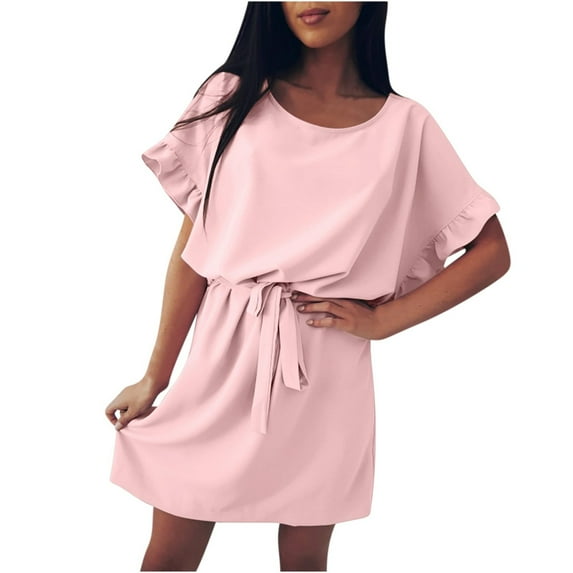 Summer Dresses for Women 2025 Ndbuld Women's Loose Waistband Ruffled Sleeved Round Neck Solid Color Dress Short Sleeve Round Neck Dress Evergreen Pink XXL