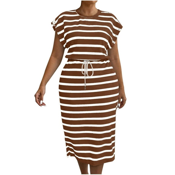 Summer Dresses For Women 2025 Sevevn Fashion Women's Casual Short Sleeve Print Ladies Waist In Bandage Round Neck Dress Long Dress Womens Dresses Casual