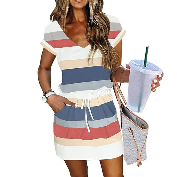 Summer Dresses for Women 2025 Short Sleeve Bodycon Mini Dresses V Neck Casual Tshirt Dresses Drawstring Waist Y2K Short Sun Dresses with Pockets Streetwear Same Day Delivery Ofertas De Hoy En Walmart