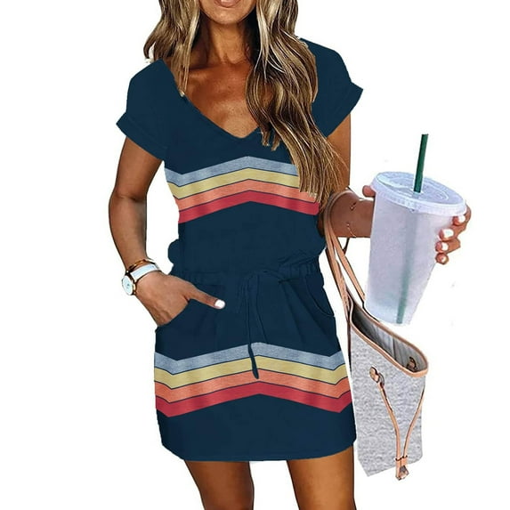 Summer Dresses for Women 2025 Short Sleeve Bodycon Mini Dresses V Neck Casual Tshirt Dresses Drawstring Waist Y2K Short Sun Dresses with Pockets Streetwear Orders Placed By Me Saved Items for Later