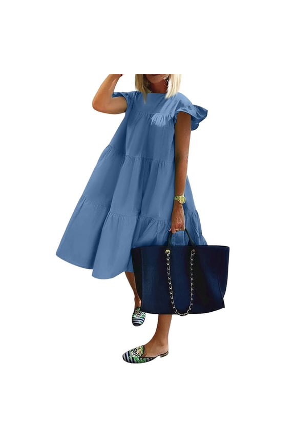 Summer Dresses For Women 2025, Tank Dress Casual Crew Neck Ruffle Flutter Sleeve Elegant Classy Formal Black Dress Cotton 2025 Plus Size Dresses Club Spring Dresses (S, Blue) ZMTing