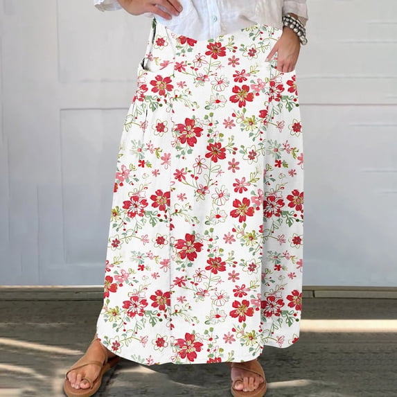 Summer Dresses for Women 2025 Viikei Floral Print Skirt with Side Slit,Women's Printed Elastic Waistband Pleated Pocket Skirt With Mid Calf Skirt Red XXXL