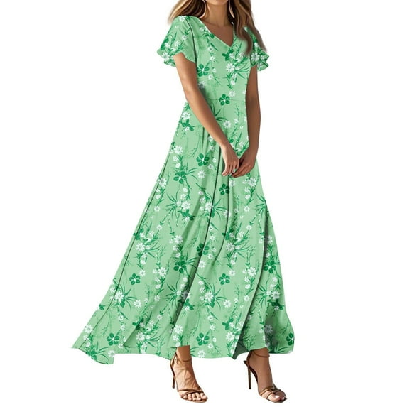 Summer Dresses For Women 2025, Wedding Guest Easter Dresses Chiffon Floral Short Sleeve Ruffle V Neck Flowy Maxi Dress American Flag White Long Dress Plus Size Maxi Dresses (XXL, Green) ZMTing