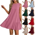 thumbnail image 1 of Summer Dresses for Women 2025 Women Summer Solid Color Round Neck Sleeveless With Button Down Hem And Pleated Dress At The Back Gift for Her Size S-2XL, 1 of 7
