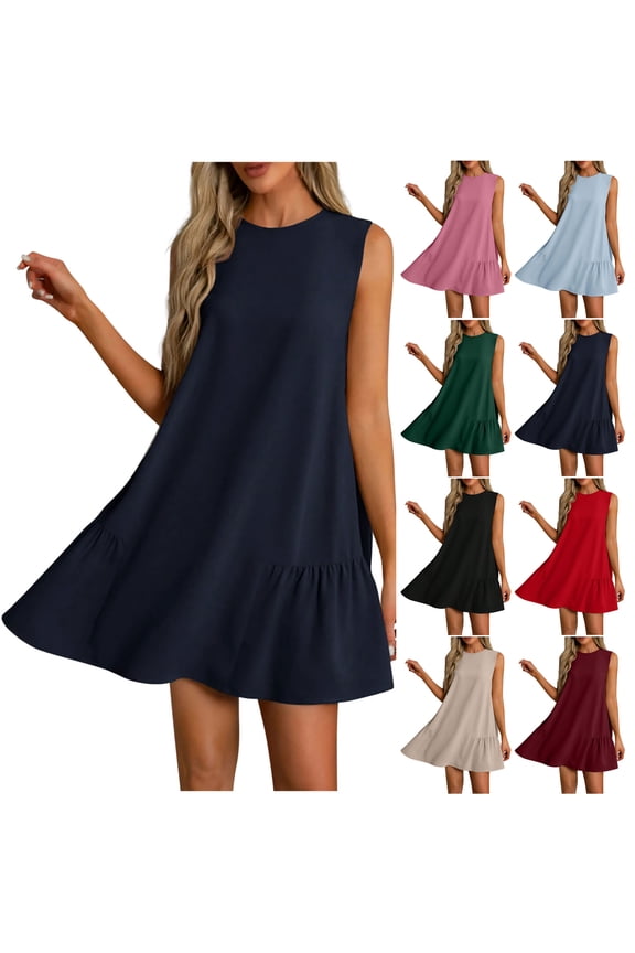 Summer Dresses for Women 2025 Women Summer Solid Color Round Neck Sleeveless With Button Down Hem And Pleated Dress At The Back Gift for Her Size S-2XL