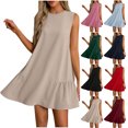thumbnail image 1 of Summer Dresses for Women 2025 Women Summer Solid Color Round Neck Sleeveless With Button Down Hem And Pleated Dress At The Back Gift for Her Size S-2XL, 1 of 8