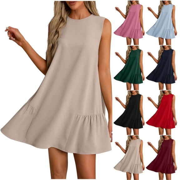 Summer Dresses for Women 2025 Women Summer Solid Color Round Neck Sleeveless With Button Down Hem And Pleated Dress At The Back Gift for Her Size S-2XL