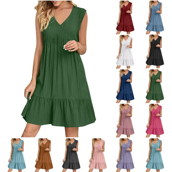 Summer Dresses for Women 2025 Women Summer V-neck Loose Solid Color Pleated Casual High Waisted Lace Sleeveless Dress Beach Vacation Clothes for Women Size S-2XL