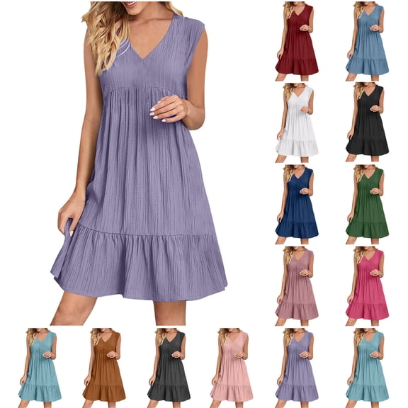 Summer Dresses for Women 2025 Women Summer V-neck Loose Solid Color Pleated Casual High Waisted Lace Sleeveless Dress Beach Vacation Clothes for Women Size S-2XL