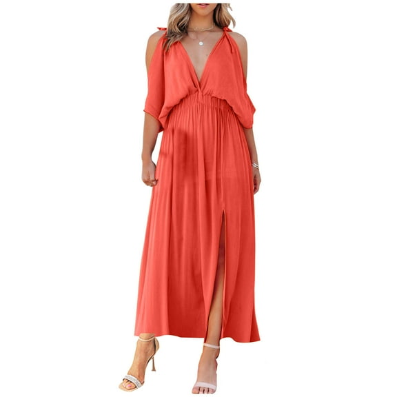 Summer Dresses for Women 2025 Women's Off The Shoulder Short Sleeve Lace Up-neck Bohemian Fashion Solid Color High Waist And Ankle Dress Boho Dresses Long Orange XL