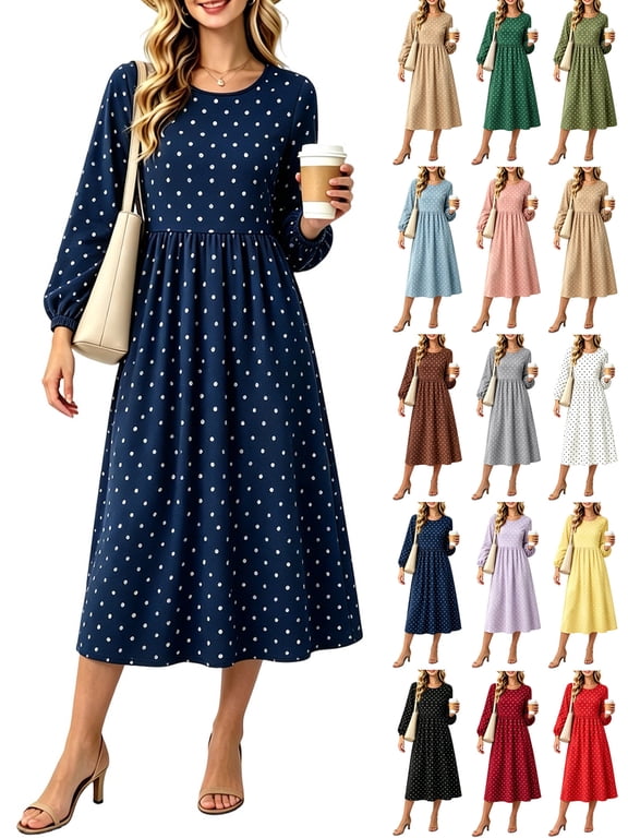Summer Dresses for Women 2026 Round Neck Polka Dot Long Elastic Cuff Puff Sleeve High Waist Flowy Casual Midi Dress for Loungewear Vacation Daily Wear