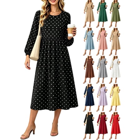 Emibierwe Summer Dresses for Women 2026 Round Neck Polka Dot Long Elastic Cuff Puff Sleeve High Waist Flowy Casual Midi Dress for Loungewear Vacation Daily Wear