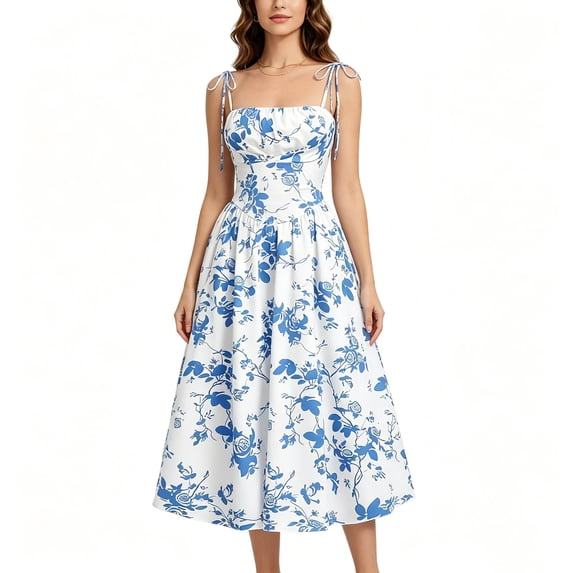 Summer Dresses for Women 2026 Trendy Polka Dot Spaghetti Straps Sundress Casual Round Neck Sleeveless Midi Dresses for Women Beach Vacation Slit Womens Dresses S