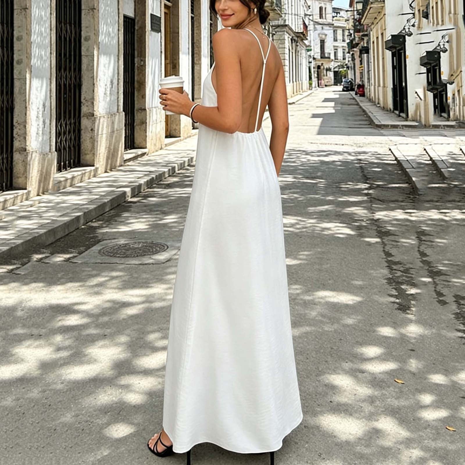 beach flare dress Summer Dresses for Women 2026 Women's Fit and Maxi Adjustable Y Back Spaghetti Strap Open Back Crinkle Textured Solid Casual Vacation Sundress for Date Night Cover Up White