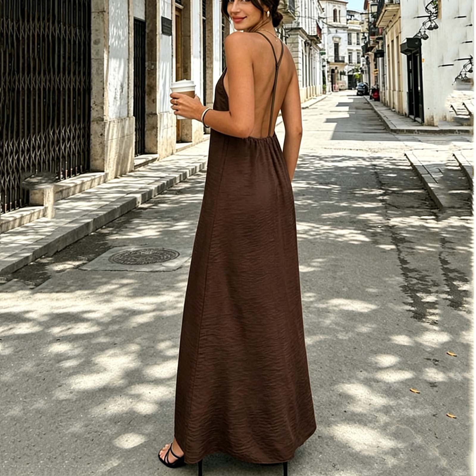 Summer Dresses for Women 2026 Women's Fit and Flare Maxi Dress Adjustable Y Back Spaghetti Strap Open Back Crinkle Textured Solid Casual Beach 