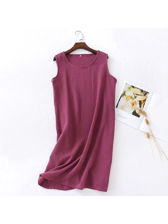 Summer Dresses for Women 2026 Women's Shift Midi Dress Crew Neck Sleeveless Solid Double Gauze Crinkle Casual Lounge Beach Cover Up Sundress for Daily Home Wear