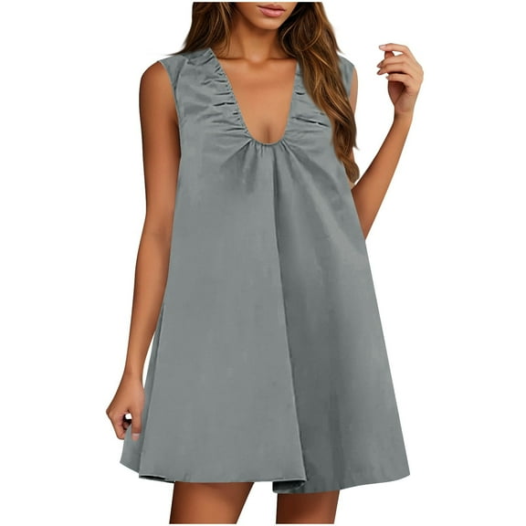 Summer Dresses for Women Beach Vacation New Women's Cute Mini Dress Sleeveless V Neck Ruched Tank Casual Summer Party Dress with Side Pockets Gray XXL
