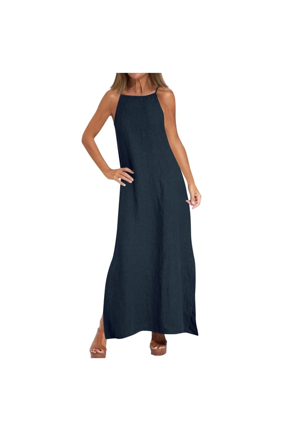Summer Dresses for Women Casual Linen Halter Maxi Dresses Sleeveless Crewneck Sun-Dress Slit Trendy Beach Flowy Sundress Plain Basic Sun Dress Going Out Beach Holiday Coverup Clothes