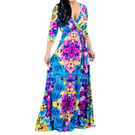 Summer Dresses for Women Casual, Women's Floral Print Plain Maxi Dresses Plus Size Loose Casual Long Dresses 3/4 Sleeve Deep V Neck Floor-Length Dresses