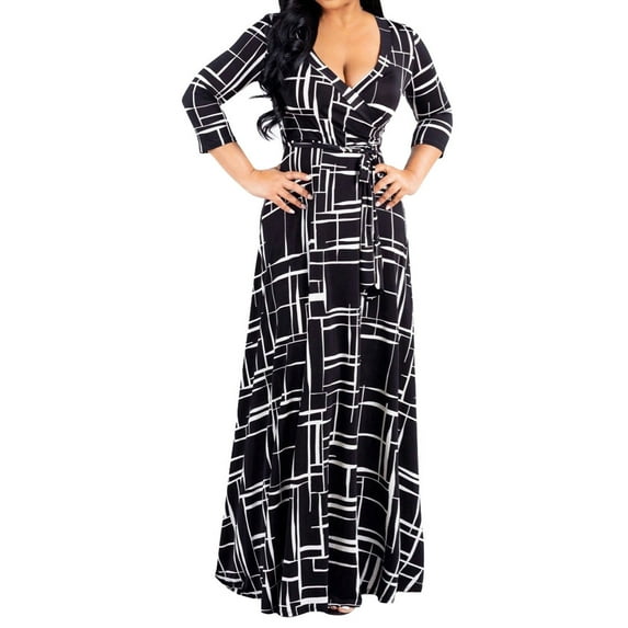 Summer Dresses for Women Casual, Women's Floral Print Plain Maxi Dresses Plus Size Loose Casual Long Dresses 3/4 Sleeve Deep V Neck Floor-Length Dresses