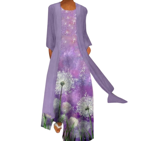 Summer Dresses for Women Casual, Womens Plus Size Summer Dresses Flowy Floral Print Two-Piece Set Dress Crewneck Sleeveles Dress Cadigan for Wedding Guest