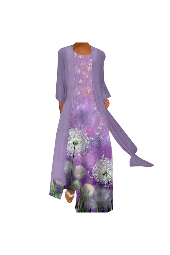 Summer Dresses for Women Casual, Womens Plus Size Summer Dresses Flowy Floral Print Two-Piece Set Dress Crewneck Sleeveles Dress Cadigan for Wedding Guest