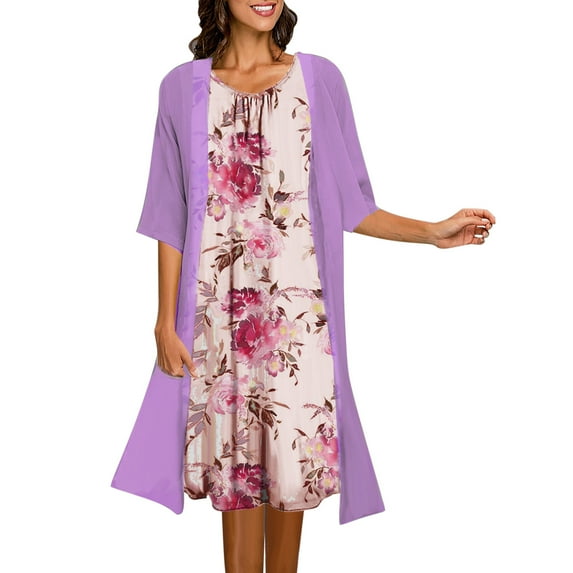 Summer Dresses for Women Casual, Womens Plus Size Summer Dresses Flowy Floral Print Two-Piece Set Dress Crewneck Sleeveles Dress Cadigan for Wedding Guest