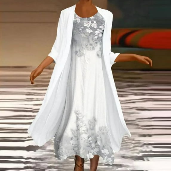 Summer Dresses for Women Casual, Womens Plus Size Summer Dresses Flowy Floral Print Two-Piece Set Dress Crewneck Sleeveles Dress Cadigan for Wedding Guest