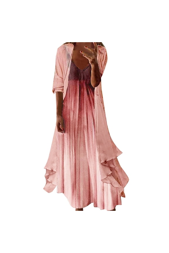 Summer Dresses for Women Casual, Womens Plus Size Summer Dresses Flowy Floral Print Two-Piece Set Dress Crewneck Sleeveles Dress Cadigan for Wedding Guest