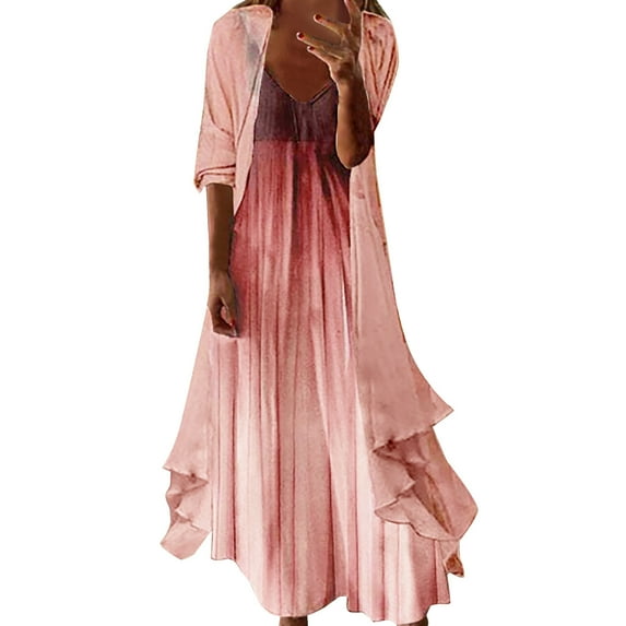 Summer Dresses for Women Casual, Womens Plus Size Summer Dresses Flowy Floral Print Two-Piece Set Dress Crewneck Sleeveles Dress Cadigan for Wedding Guest