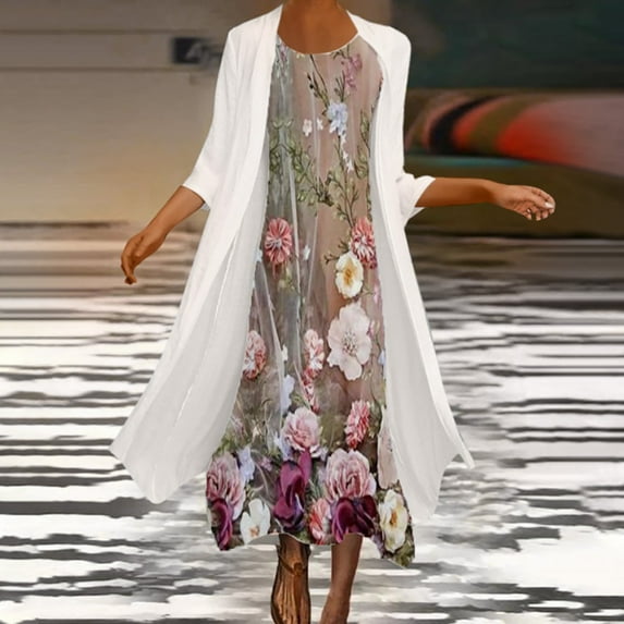 Summer Dresses for Women Casual, Womens Plus Size Summer Dresses Flowy Floral Print Two-Piece Set Dress Crewneck Sleeveles Dress Cadigan for Wedding Guest